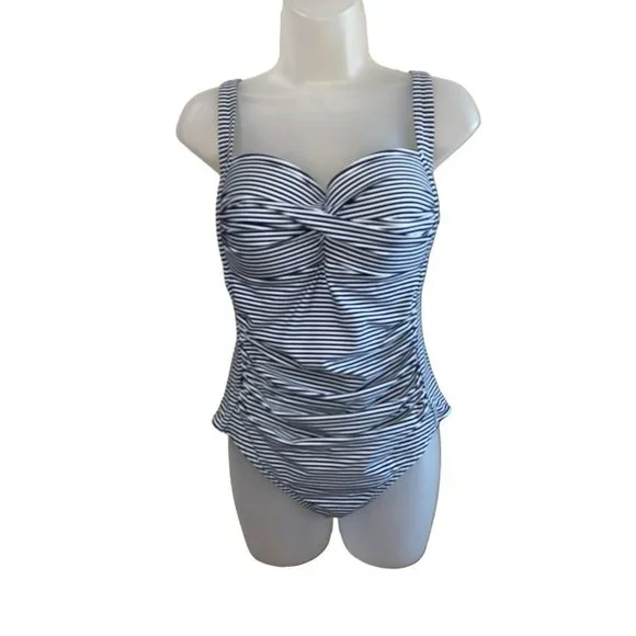 One Piece Niptuck Striped Swimsuit: Navy & White Nautical Beach Coastal Size 10 - Picture 3 of 12